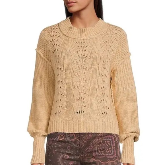 Free People Bell Song Crewneck Long Sleeve Beige Pullover Sweater, Size XL - Picture 3 of 11